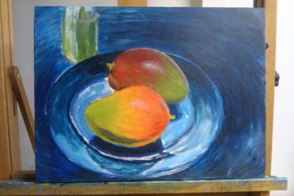 Stilleven van twee mango's, acrylverf op doek